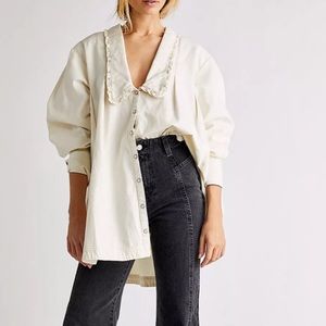 NWT Free people white denim ruffle Button Down